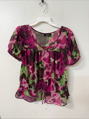 a.n.a Pink Floral Puff-Sleeve Sheer Blouse Y2K